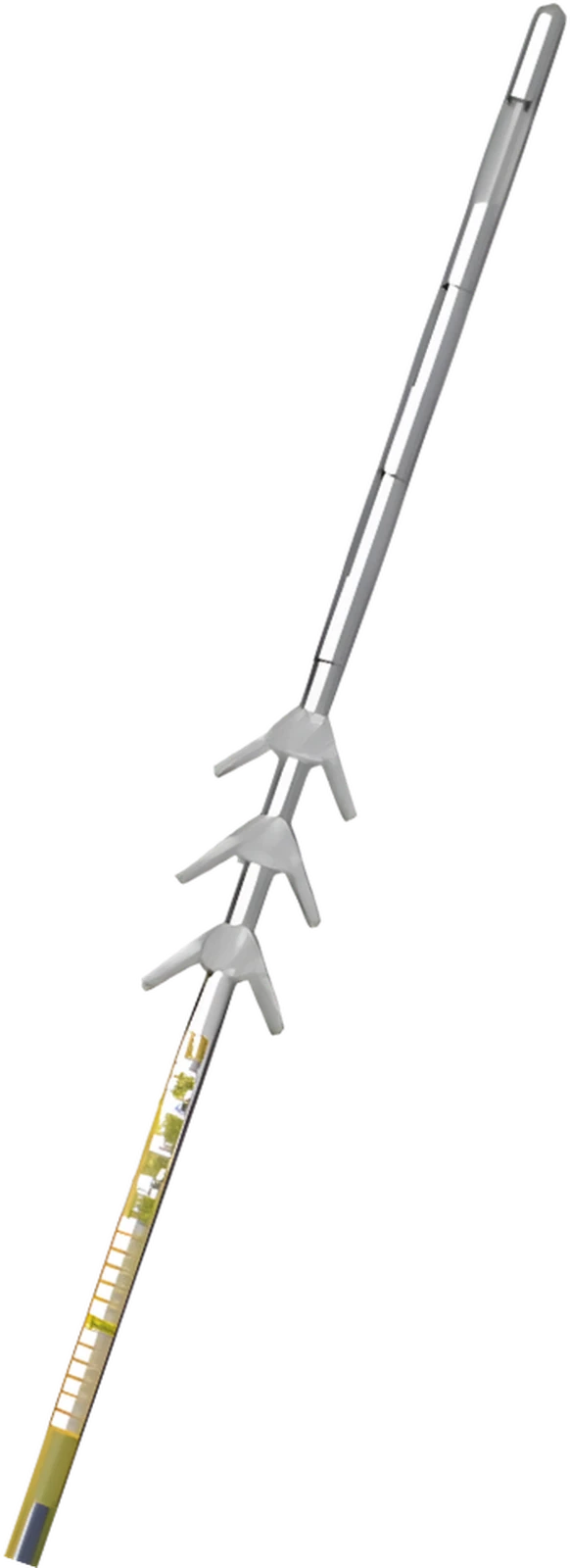 Illustrative render of a peripheral nerve stimulation lead: a slim flexible shaft with three flared anchors spaced along it.